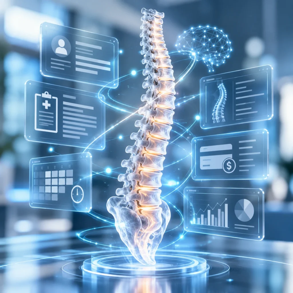 Abstract visualization of AI-powered chiropractic EMR software connecting patient records, documentation, scheduling, billing, and reporting around a digital spine.