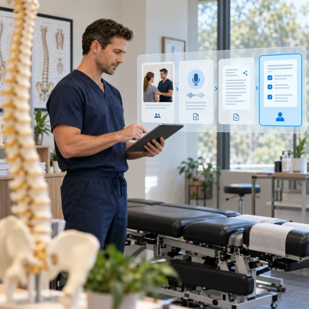 Chiropractor using AI-assisted documentation in a modern clinic, representing AI for chiropractors, chiropractic AI documentation, and AI chiropractic SOAP note workflows.