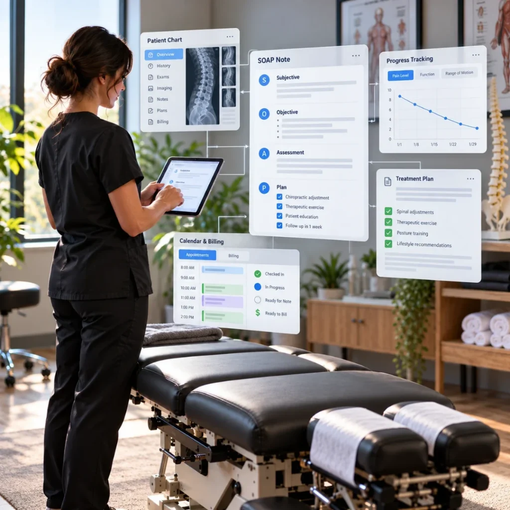Chiropractic documentation software showing SOAP notes, patient chart, progress tracking, treatment plan, and billing workflow in a modern chiropractic clinic.