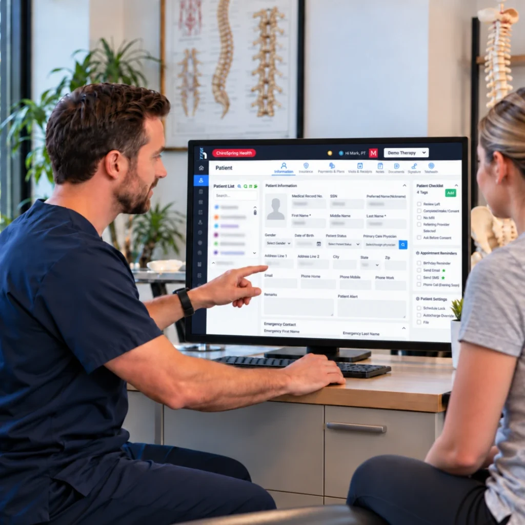 Chiropractor using chiropractic EMR software to review a patient record and manage clinical and practice workflows.