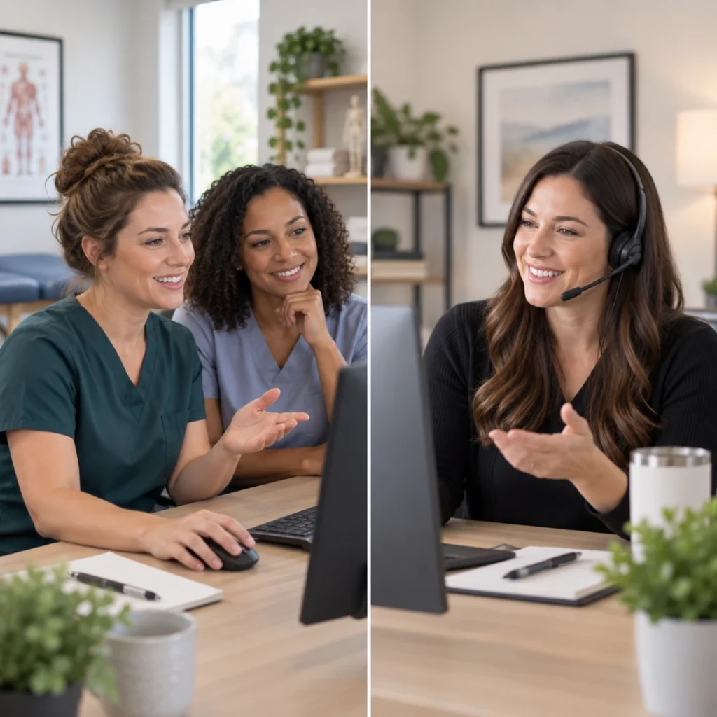 Therapists receiving HelloNote onboarding and EMR implementation support during a live training session