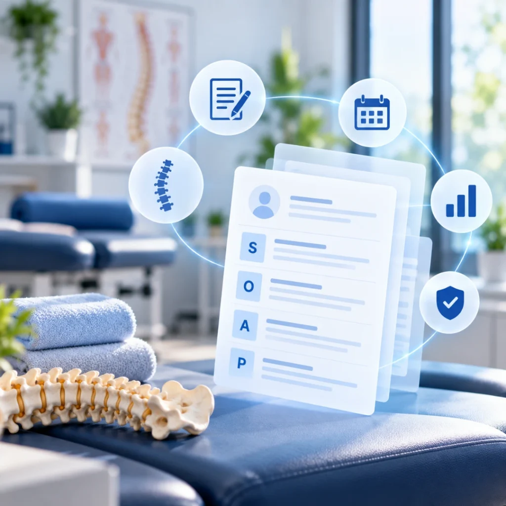 Abstract chiropractic SOAP notes software concept showing the Subjective, Objective, Assessment, and Plan workflow with documentation, scheduling, progress tracking, and security icons.