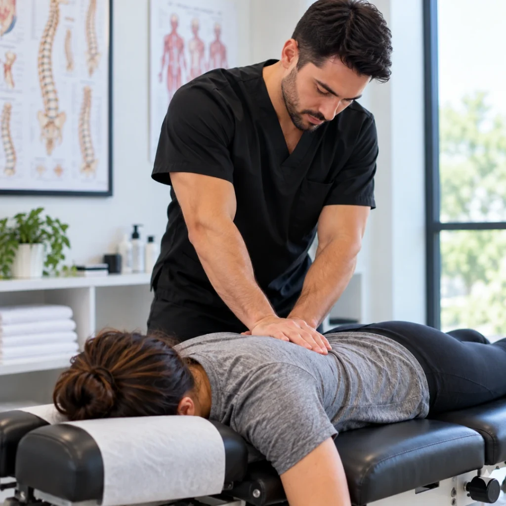 Chiropractor performing spinal manipulation for CPT 98941 chiropractic treatment involving 3–4 spinal regions