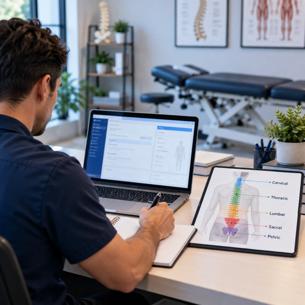 Chiropractor reviewing CPT 98942 documentation for chiropractic manipulation of all 5 spinal regions