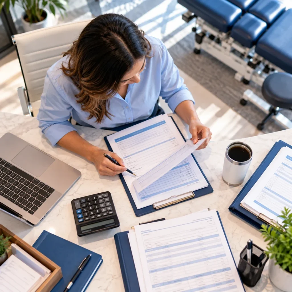 Billing specialist reviewing chiropractic billing codes and claim forms at a chiropractic clinic desk