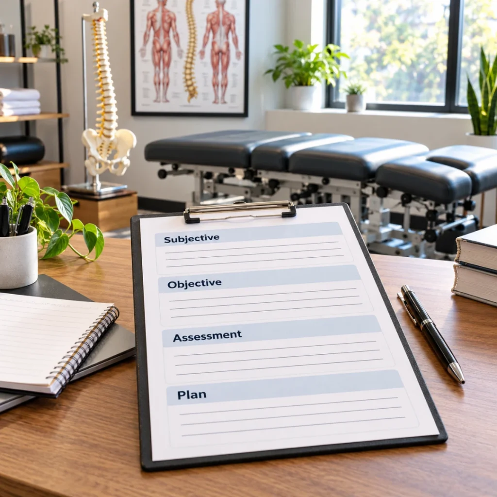 Printable chiropractic SOAP note template with Subjective, Objective, Assessment, and Plan sections in a modern chiropractic clinic.