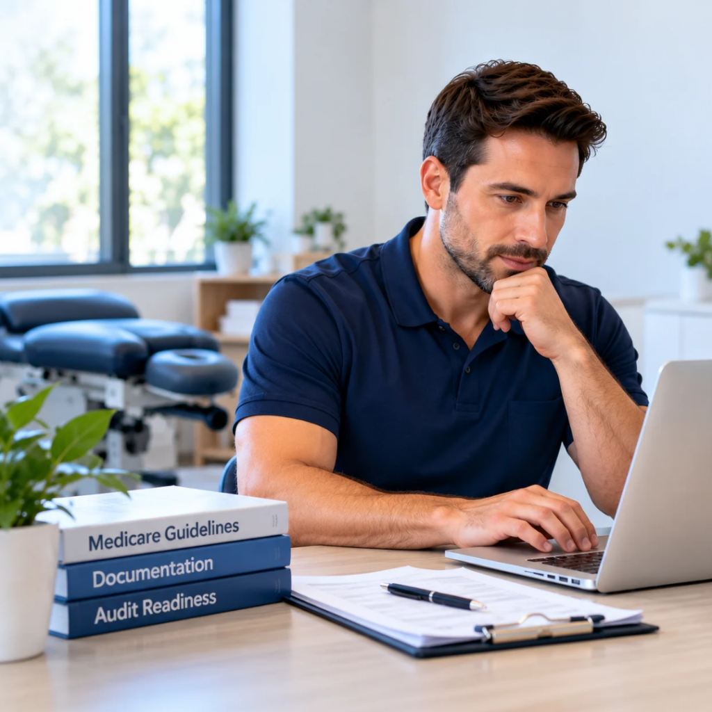 Chiropractor reviewing Medicare chiropractic documentation guidelines and audit-ready patient records in a clinic office