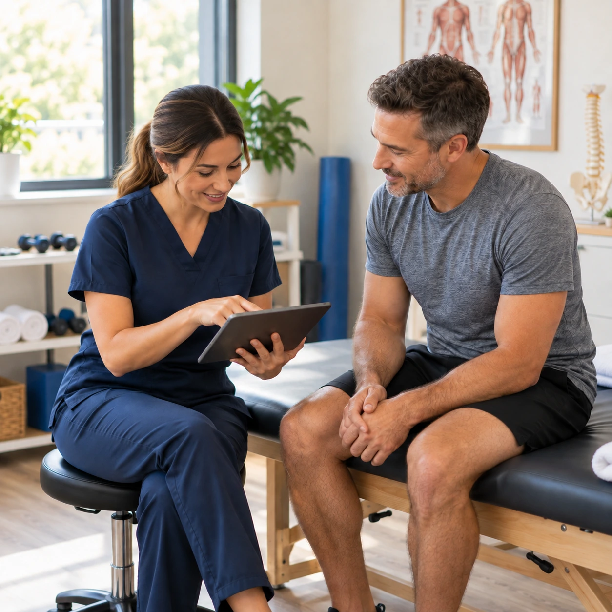 Solo therapist using a tablet with a patient in a small physical therapy practice