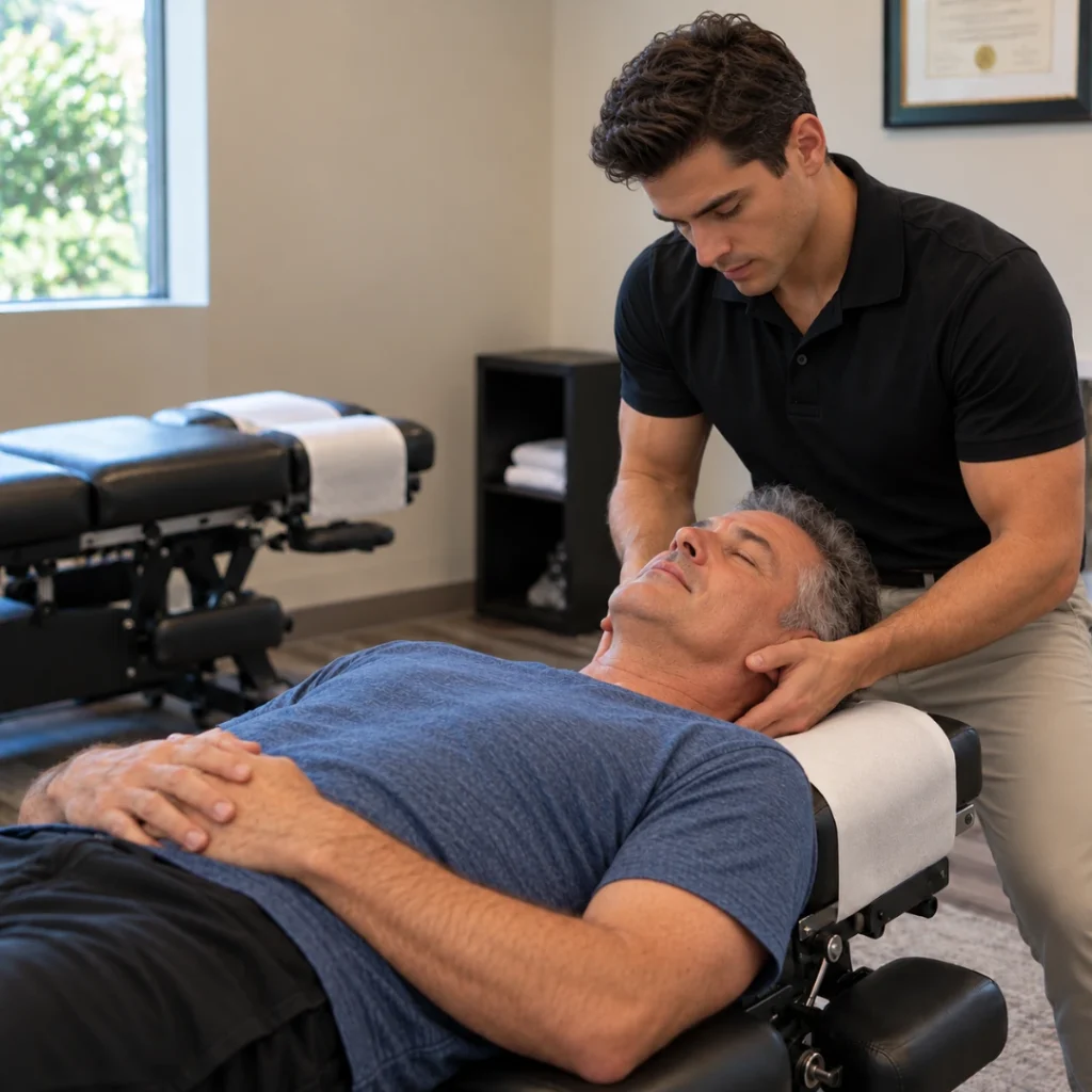 Chiropractor performing cervical treatment for a patient as part of CPT 98940 chiropractic manipulation for 1–2 spinal regions